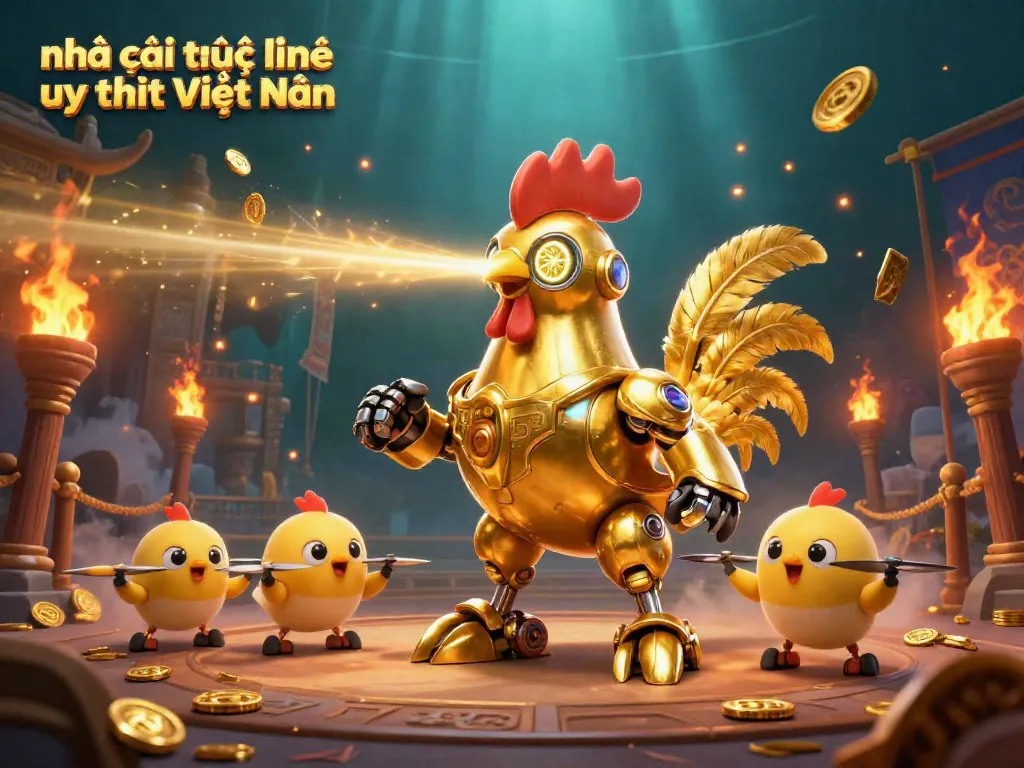 Engage in exciting games with nhà cái trực tuyến uy tín Việt Nam featuring a golden rooster robot and dynamic casino elements.