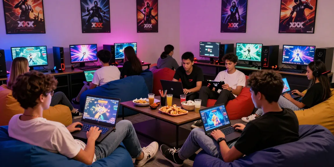 Group of friends enjoying xxx game on laptops in bright gaming lounge