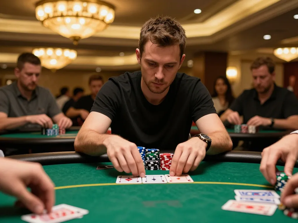 Engaging poker gameplay at https://7m.us.com/ with a focused player analyzing cards amidst a vibrant casino background.