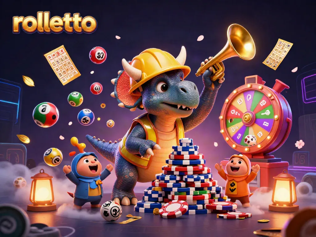 rolletto casino illustration with triceratops building poker chip pyramid and vibrant lottery elements