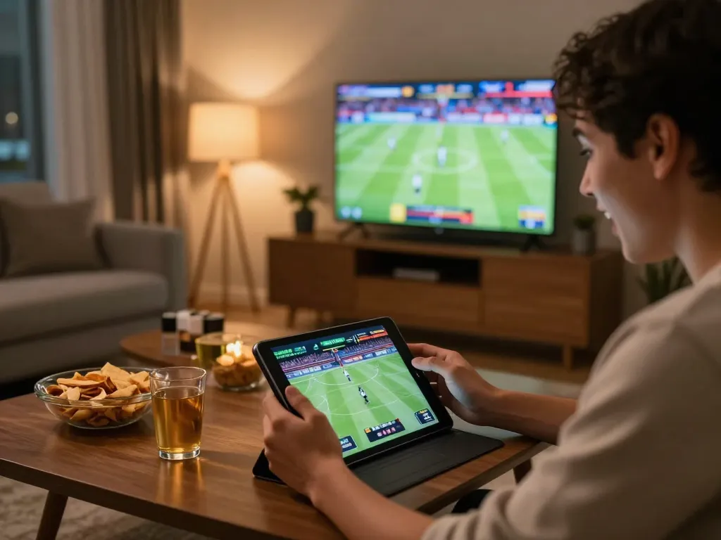 Engaged player using the God55 app for sports betting in a cozy home environment.