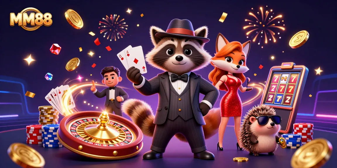 Experience exciting wins at MM88 casino with a suave raccoon holding a royal flush.