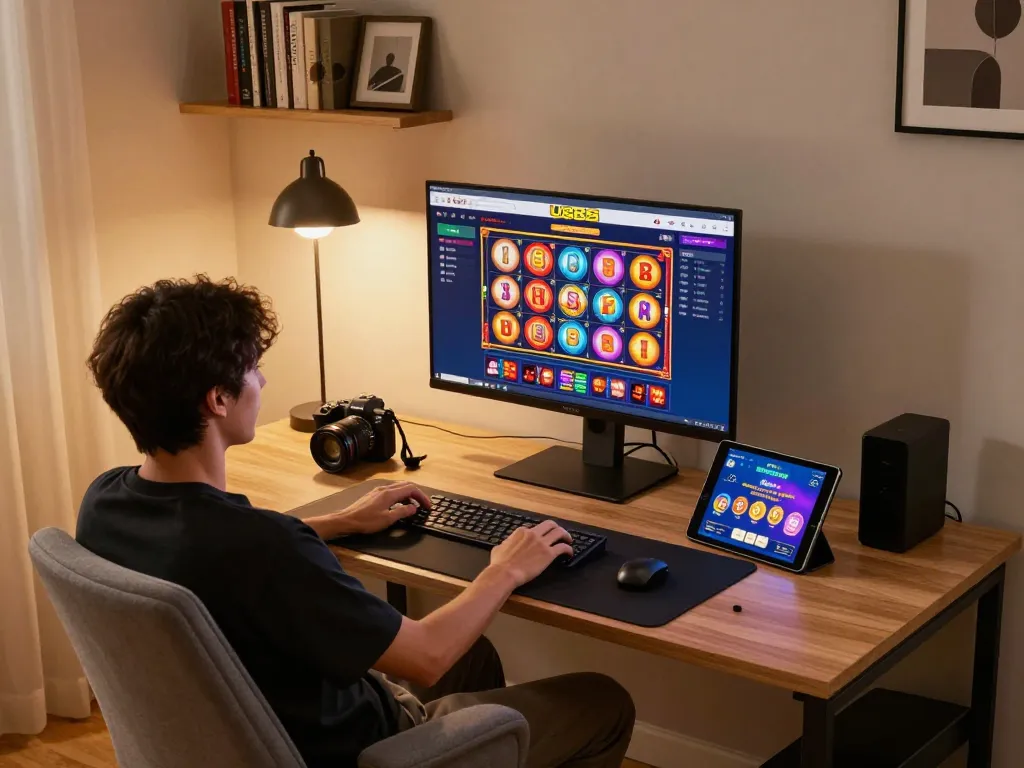 Play U888 online slots from a cozy gaming setup at home, featuring vibrant visuals and excitement.