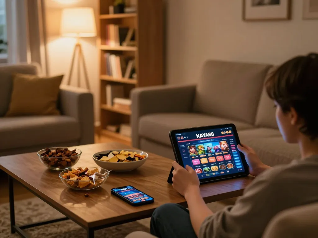 KAYA88 player enjoying online casino gaming on tablet in cozy home environment