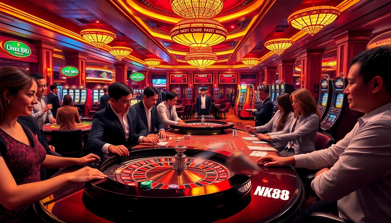 Gamblers enjoying a vibrant NK88 casino experience with poker chips and roulette wheel.