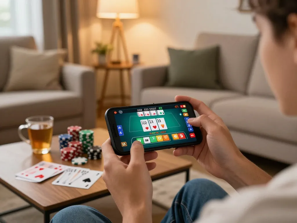 Engaging with khuyến mãi fun79 during mobile gaming session at home with warm lights and poker chips.