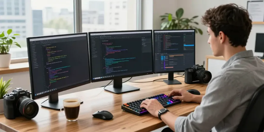 Developer focused on instant indexing at a modern workspace with multiple screens.