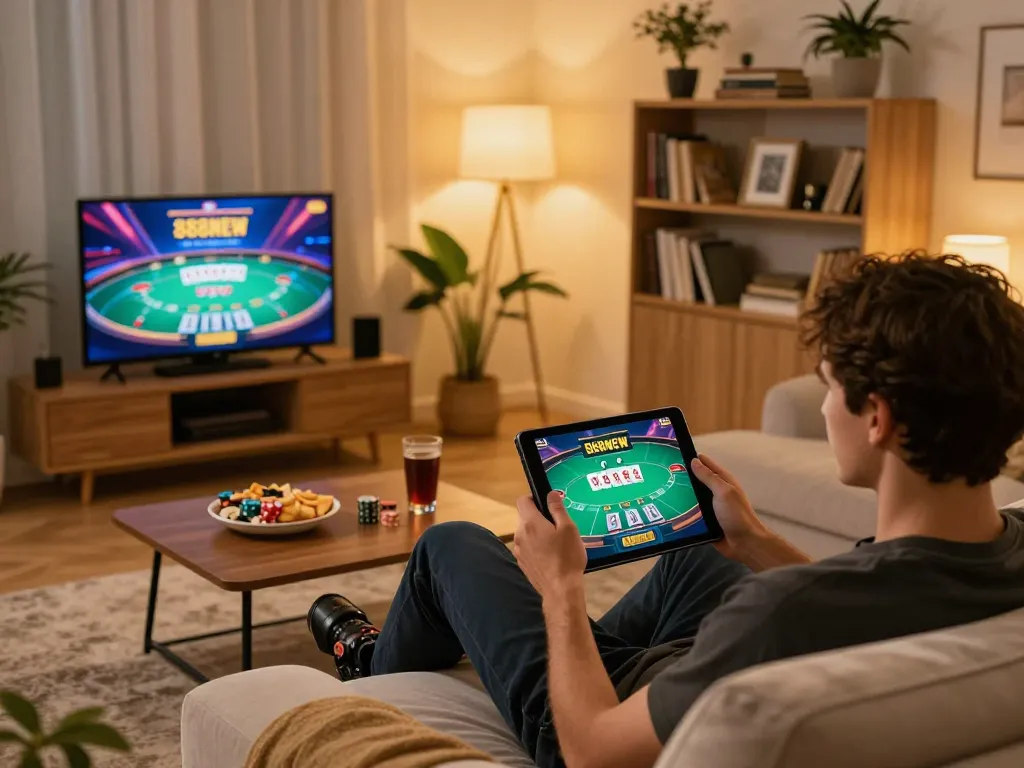 Engaging player using 888NEW on a tablet in a cozy home gaming environment