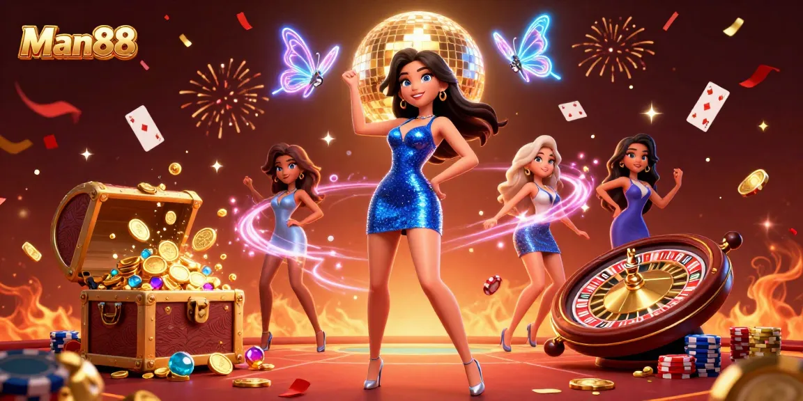 Engage with Man88 in a vibrant casino scene featuring dynamic characters, playing cards, and jackpot wins.