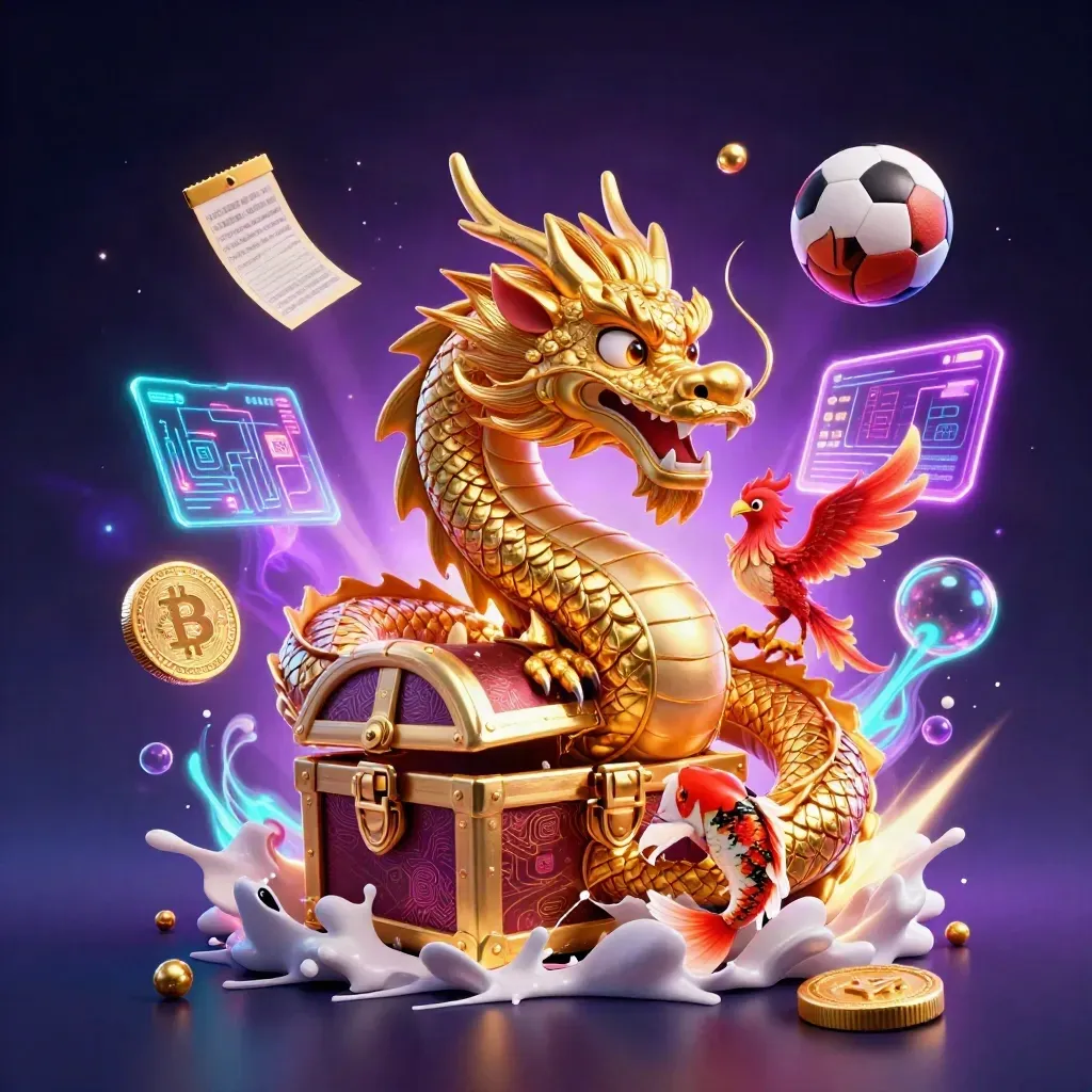 Golden dragon with phoenix and koi amid casino coins, sports balls, and neon lightning