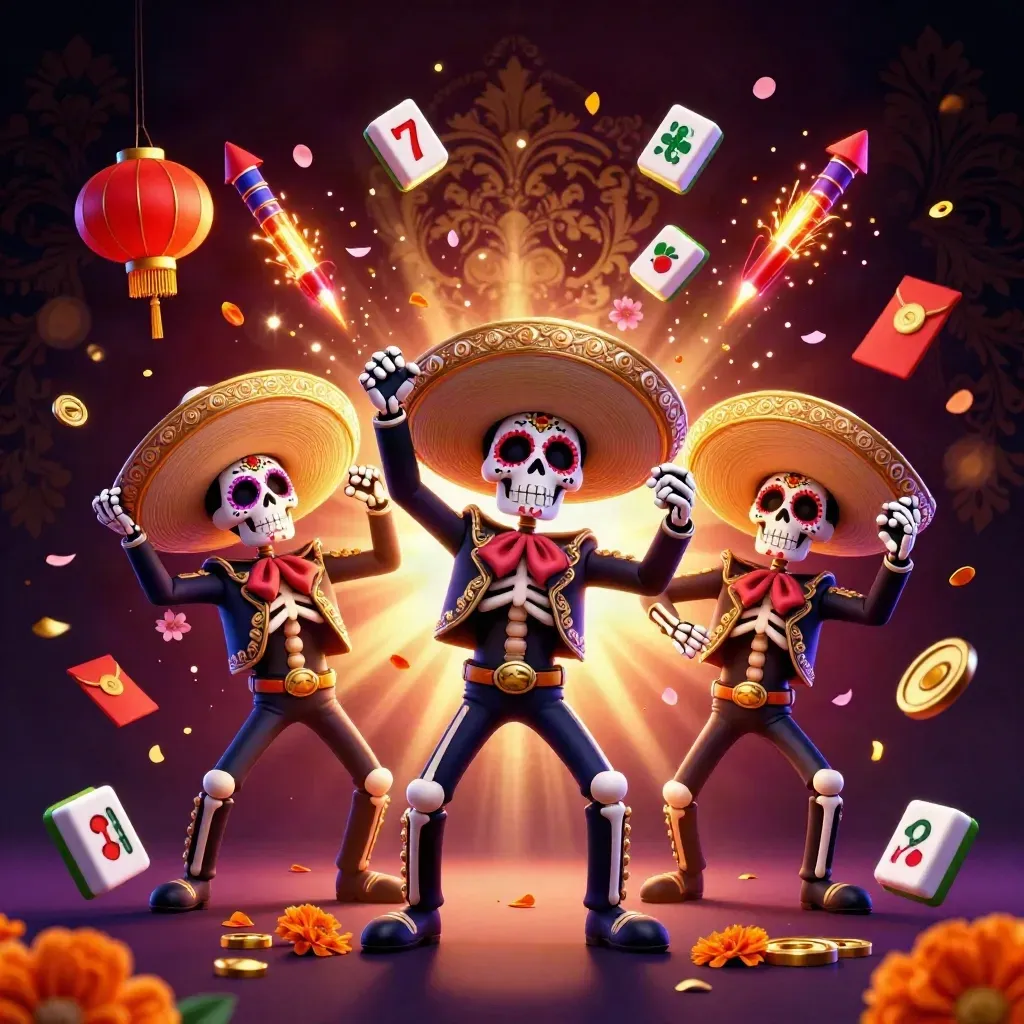 Skeleton mariachi trio in a gold casino explosion with lanterns, coins, petals and dark luxe backdrop.