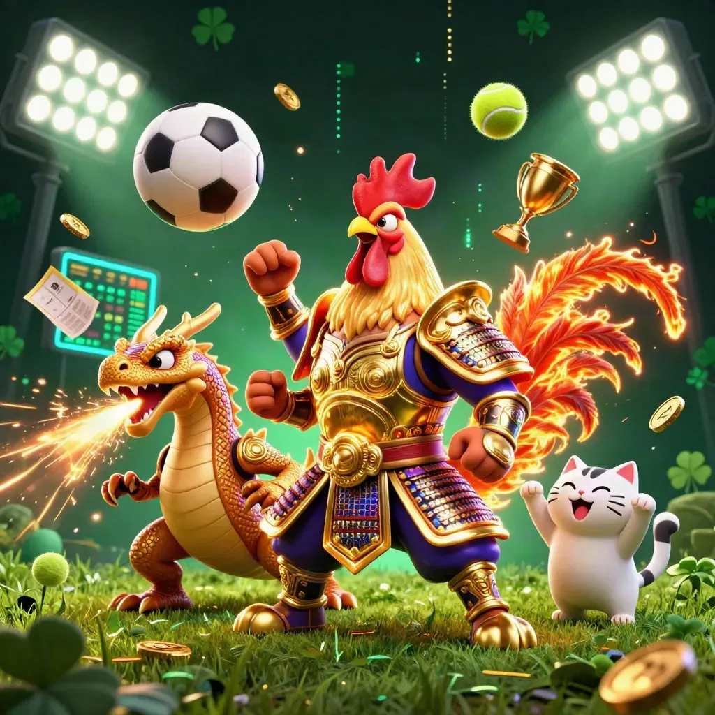 Rooster warrior, dragon hatchling, and fortune-cat exploding around sports balls and gold lights.