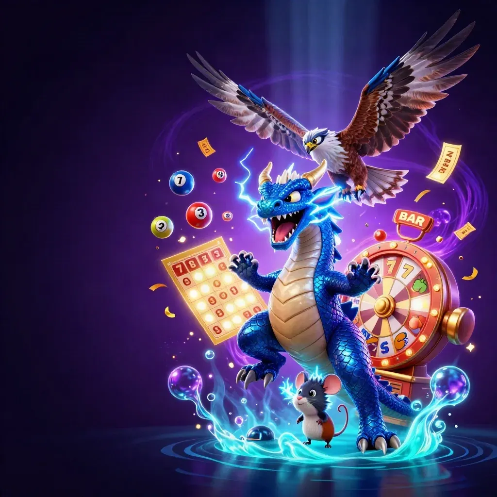 Thunder dragon, wind hawk and crackling mouse in a neon casino blast of treasure and light