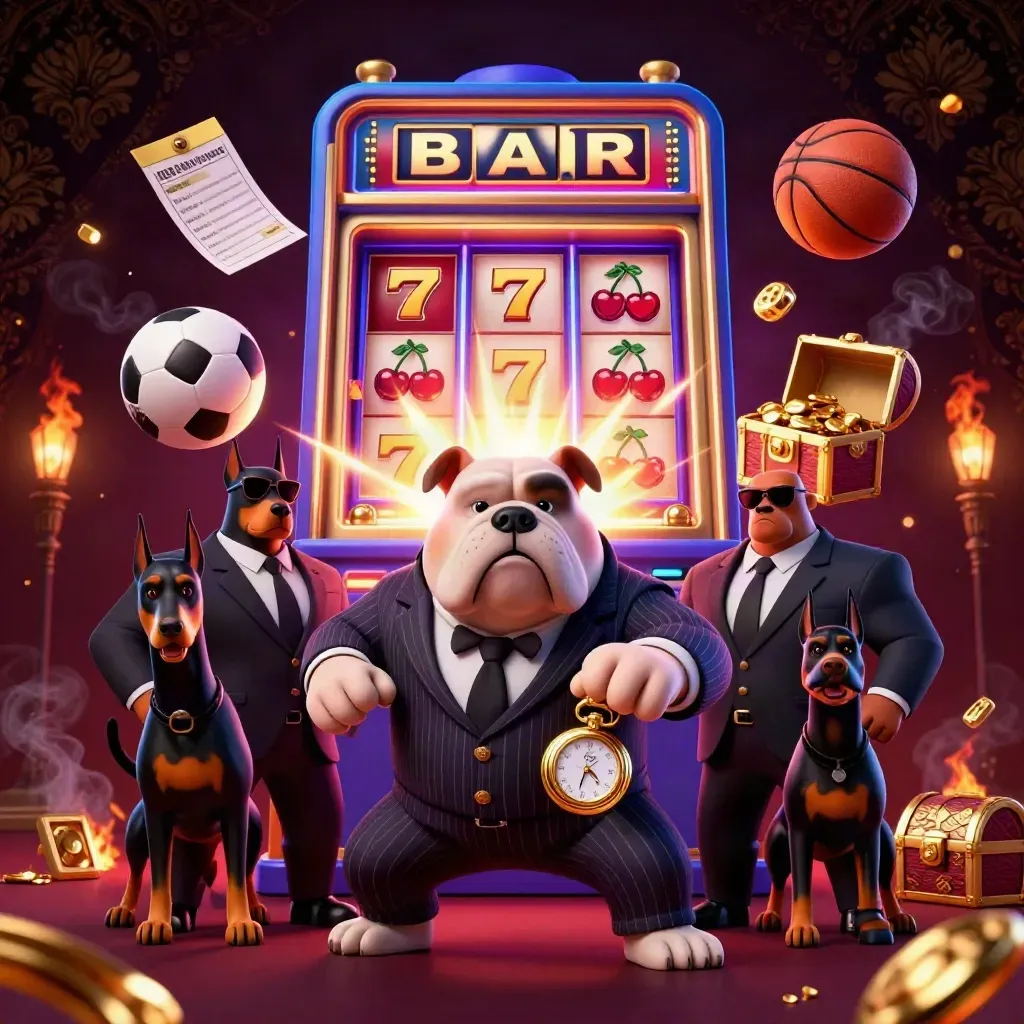 Bulldog mafia mascot with two Dobermans amid slot symbols, gold dice, and sports balls.