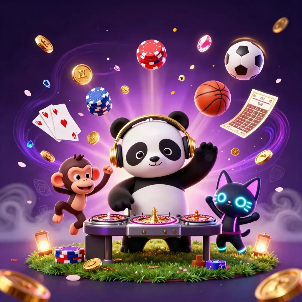 DJ panda, breakdancing monkey and glow-stick kitten with flying casino props and sports balls.