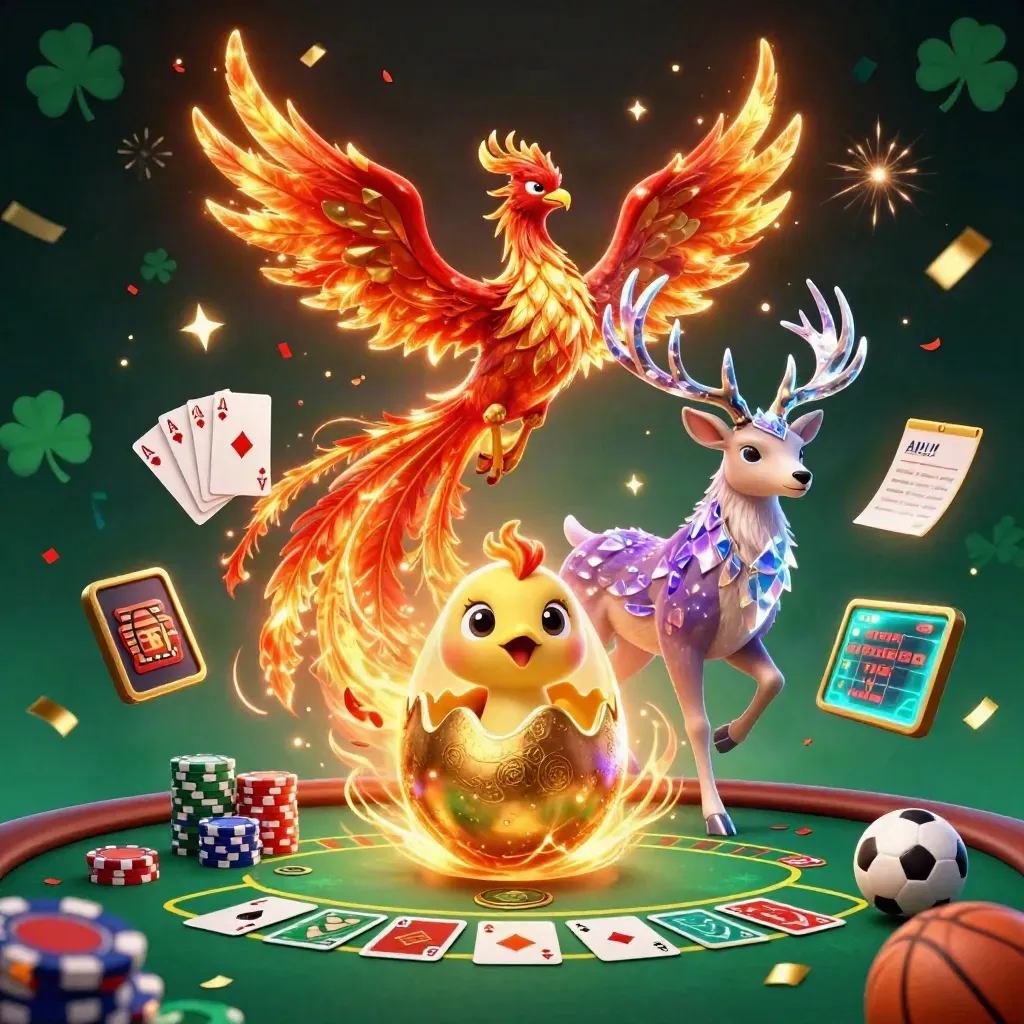 Phoenix, stag, baby phoenix, poker chips, cards, and sports balls in a luxe casino-fantasy burst.