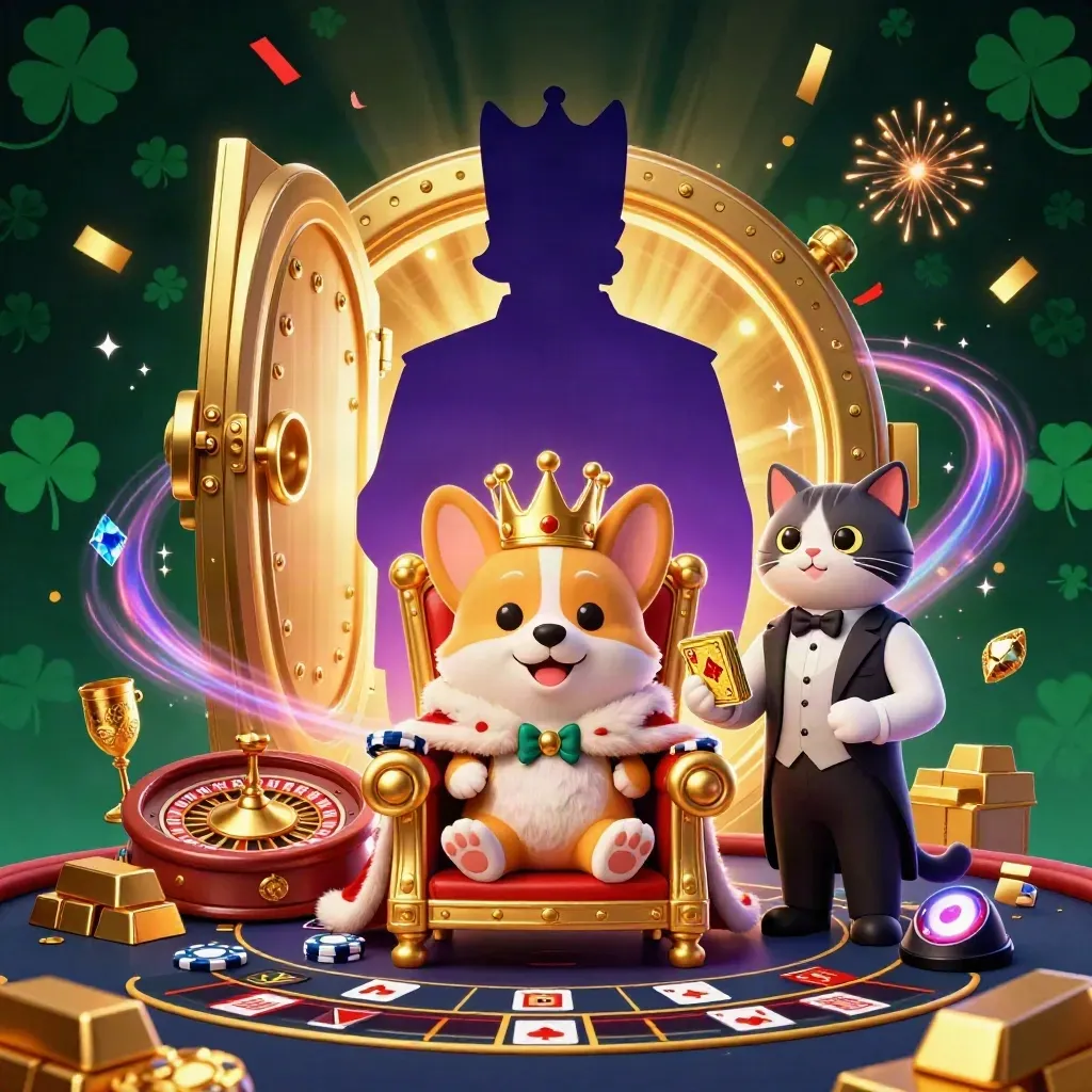 Royal corgi and cat butler amid vault, gold, jewels, roulette glow, and confetti.