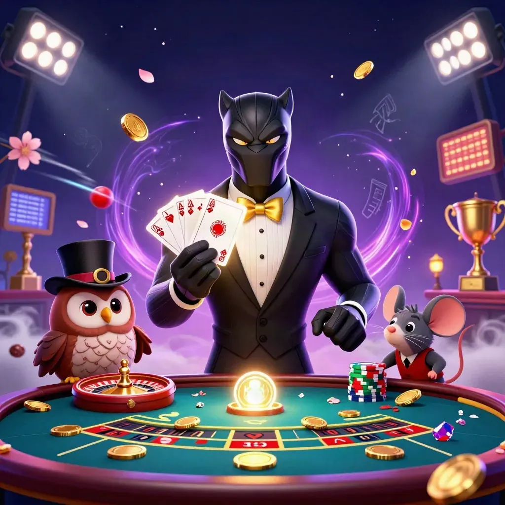 Panther, owl and mouse at a glowing casino table with coins, gems, lights and purple smoke.