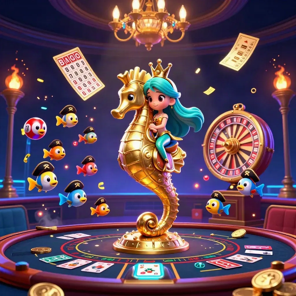 Mermaid princess on an armored seahorse amid casino lights, lottery balls, wheel, and smoke.
