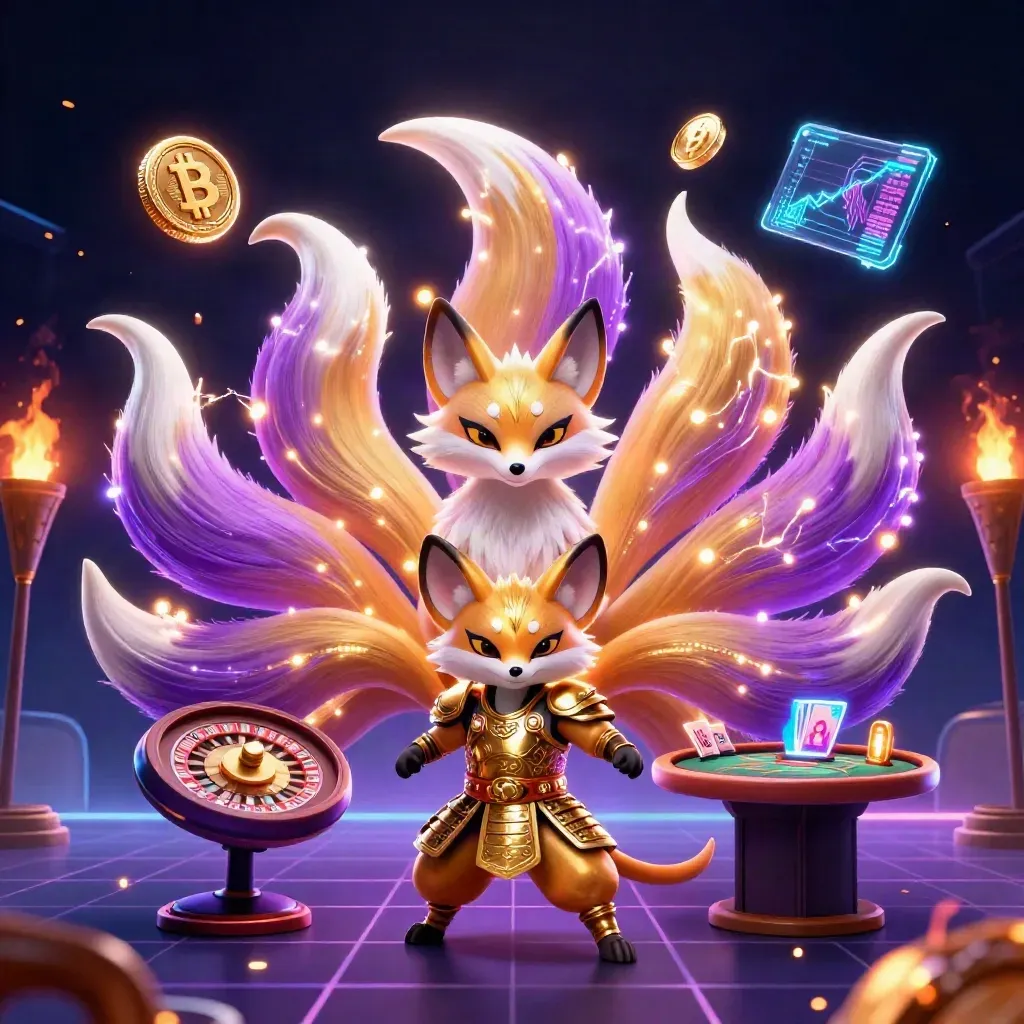 Neon fox spirit and armored mouse amid casino lights, coins, roulette wheel, and digital sparks.