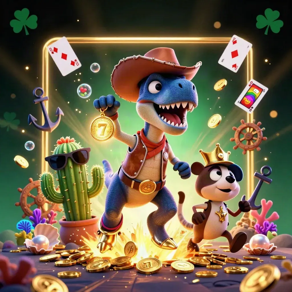 Cowboy T-Rex, cactus and roadrunner amid treasure, coral, gold coins and casino glows.