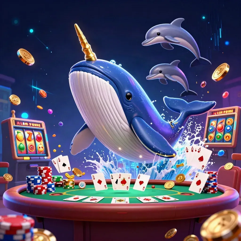 Whale captain, narwhal and dolphins burst from coins with chips, cards and neon energy.
