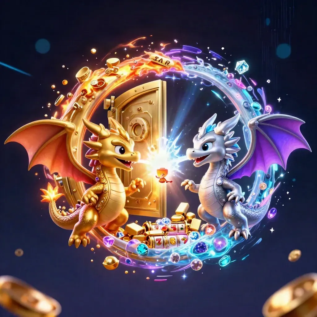 Twin gold and silver dragons spiral through a bursting treasure vault with gems and neon energy.