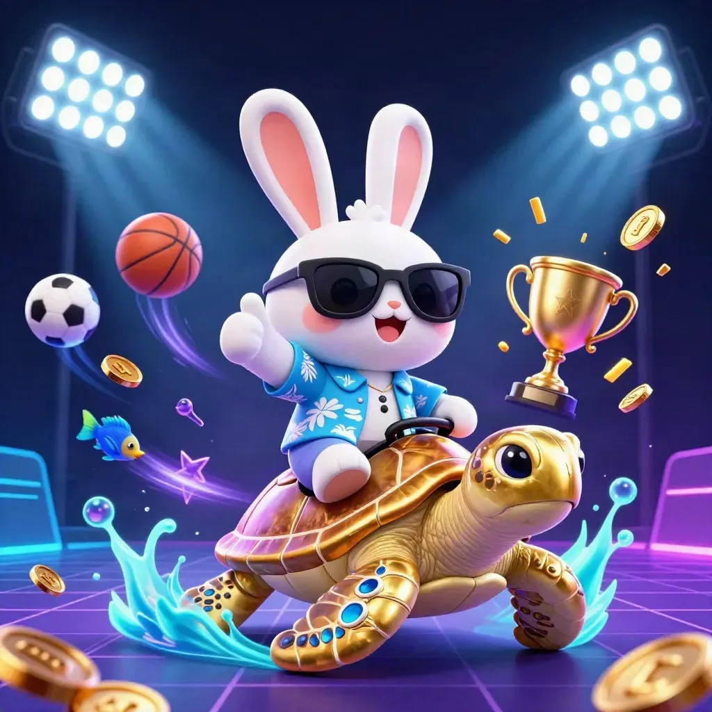 Lucky rabbit rides a gem turtle amid gold bursts, sports balls, trophy, and neon casino glow.