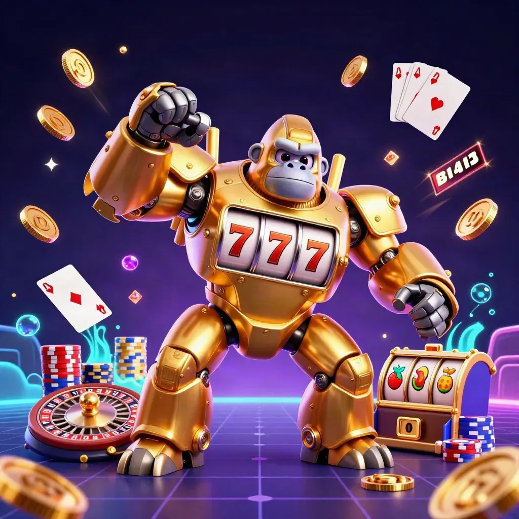 Golden gorilla slot mech with tiny monkey pilot, coins, gems, roulette wheel, and cards exploding around it.
