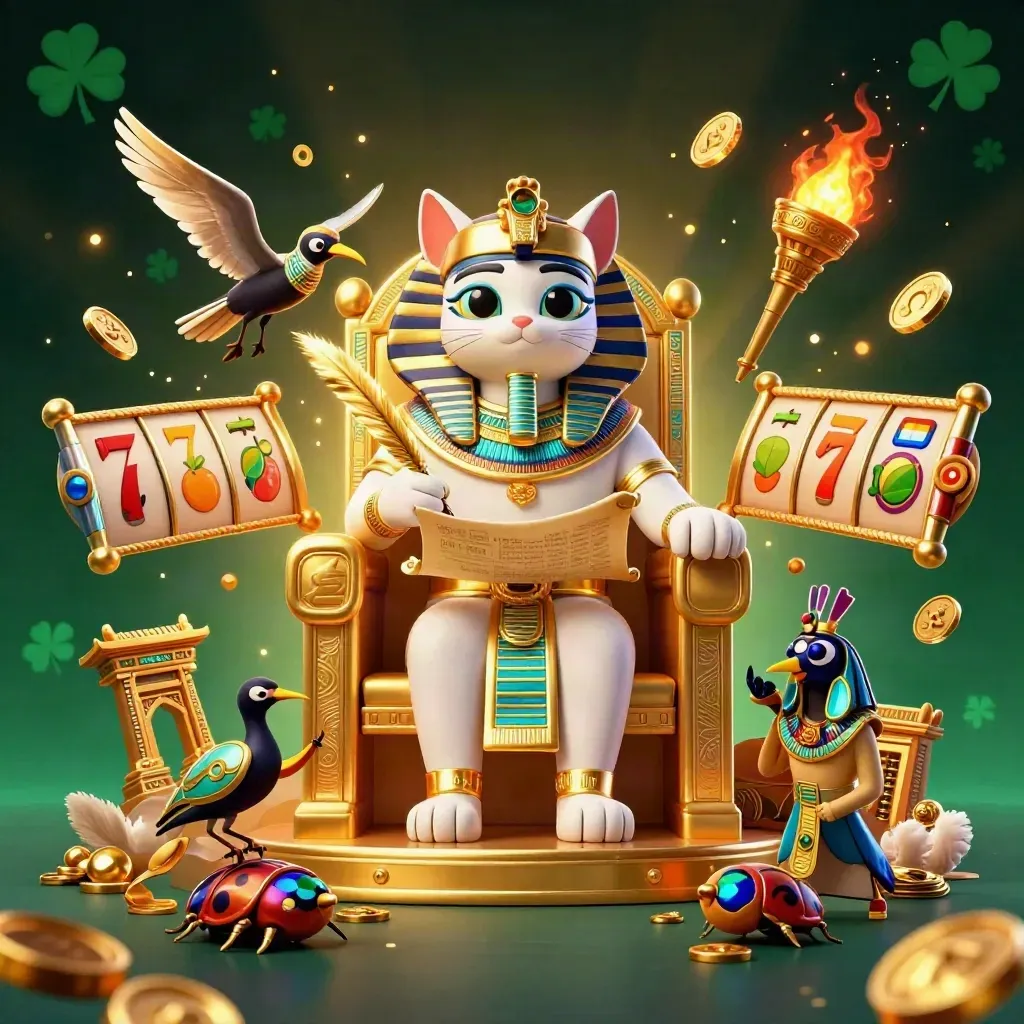 Pharaoh cat, ibis scribe and gem-wing scarabs amid gold bursts, temple gate and casino relics.
