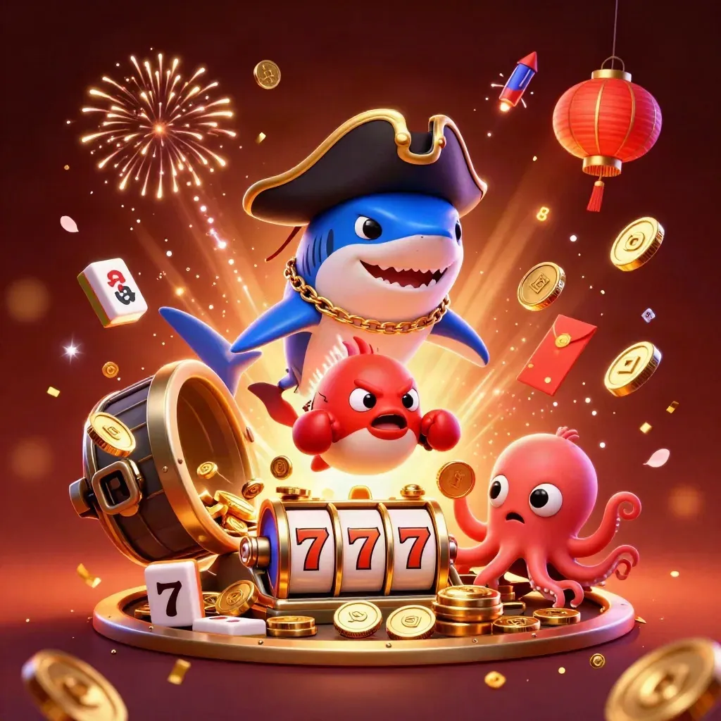 Pirate shark, boxing pufferfish and coin-juggling octopus amid casino loot, fireworks and gold.
