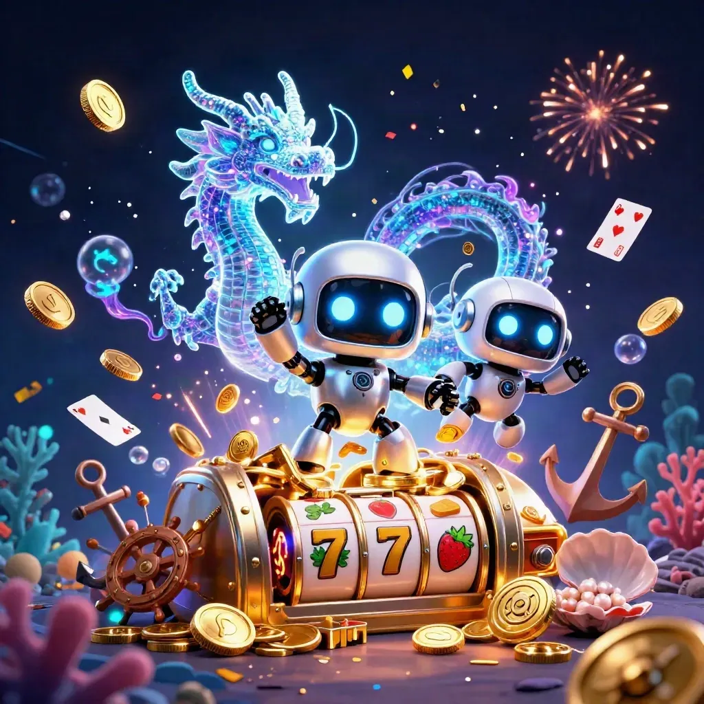 Robot, hologram dragon, and coin drone burst with gold coins, coral, and fireworks.