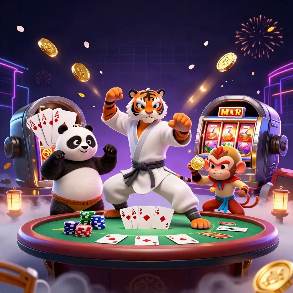 Kung-fu tiger, panda, and monkey amid coins, poker chips, slot reels, and fireworks.