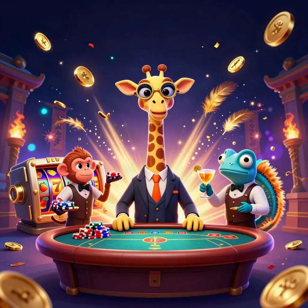Giraffe, monkey, and chameleon in a casino burst with coins, fireworks, and slot symbols.