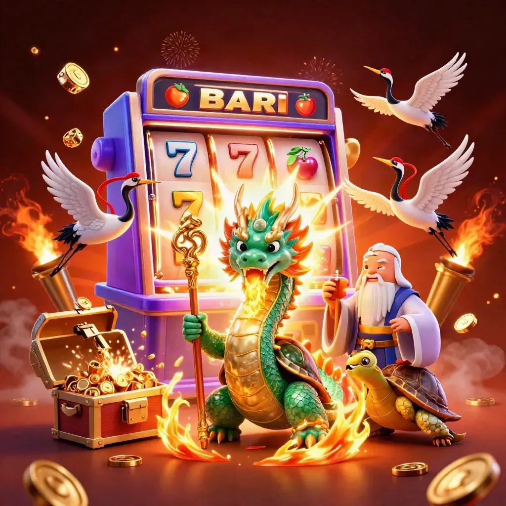 Emerald dragon, turtle sage and cranes amid exploding slots, coins, fire and treasure.