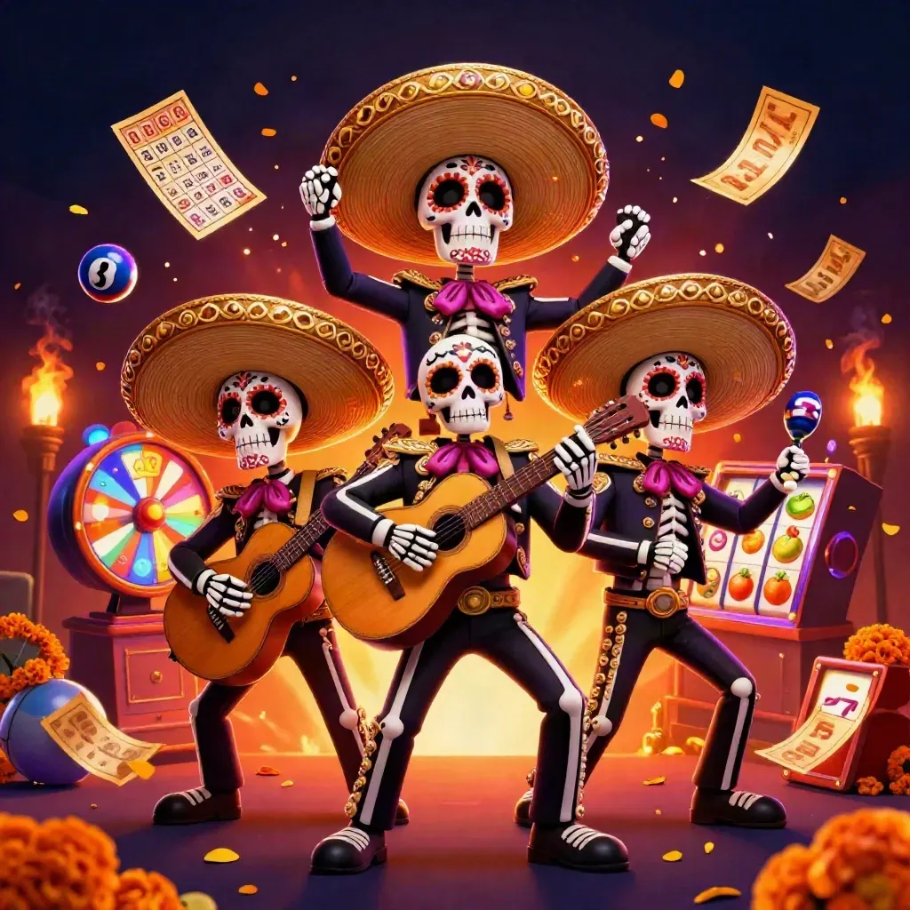 Three skeleton mariachi mascots with casino effects, marigolds, reels, bingo card, and glowing embers.