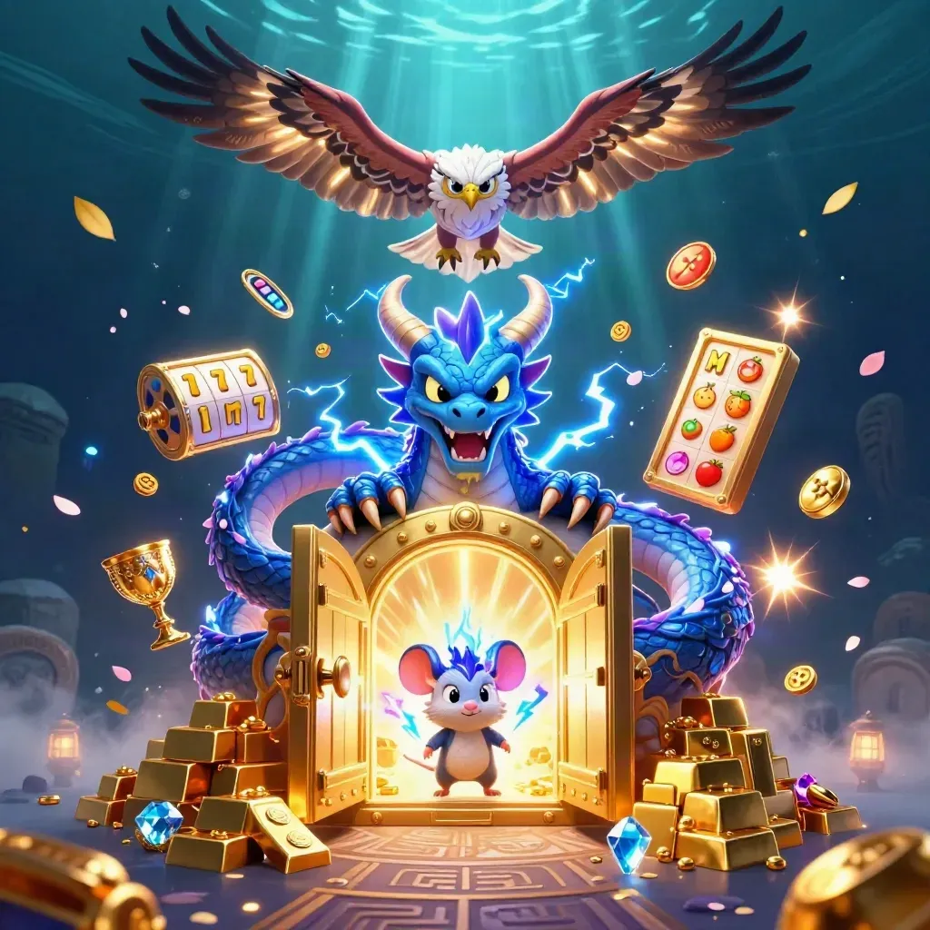 Thunder dragon, hawk, and mouse amid vault gold, slot symbols, and glowing casino magic