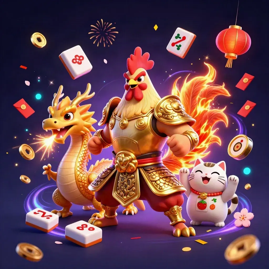 Rooster warrior, dragon hatchling, and fortune cat amid casino fireworks and gold coins.