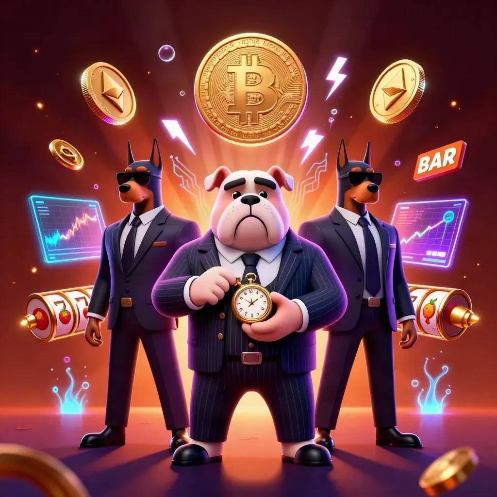 Bulldog boss with two bodyguards amid glowing coins, reels and lightning in a fiery casino scene