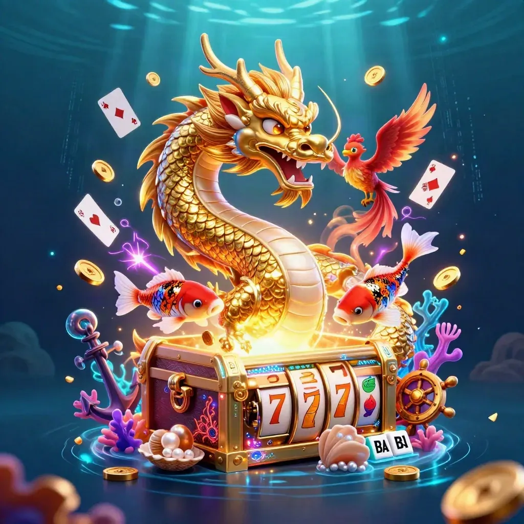 Golden dragon, red phoenix, and koi burst around treasure, reels, coins, and glowing coral underwater.