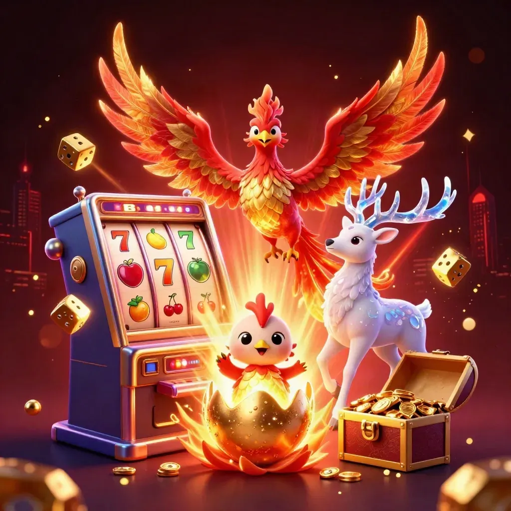 Fire phoenix, hatching chick, crystal stag, and slot symbols erupt in a luxe casino splash scene.