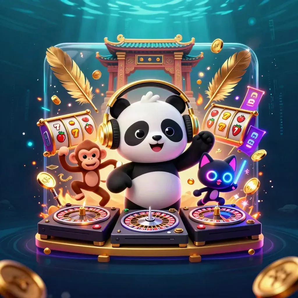 DJ panda, dancing monkey and glow-stick kitten amid coins, temple gate and neon slot effects.