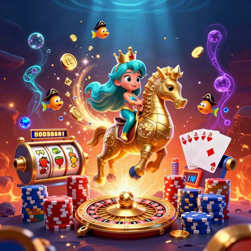 Mermaid princess on armored seahorse amid gold coins, poker chips, reels, and pirate fish.