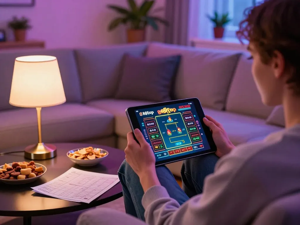 Player enjoying online gaming at 888top on tablet, focused on betting strategy and interface.