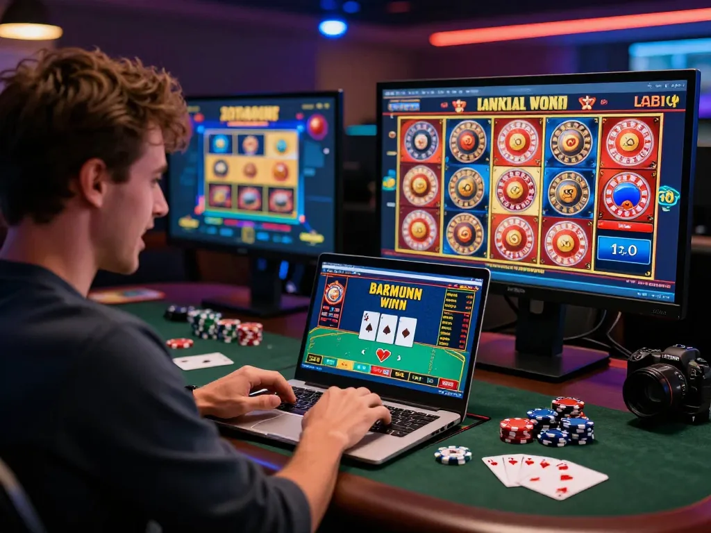 Engaged player celebrating a win on rikbet online gaming platform with vibrant graphics and gaming paraphernalia.