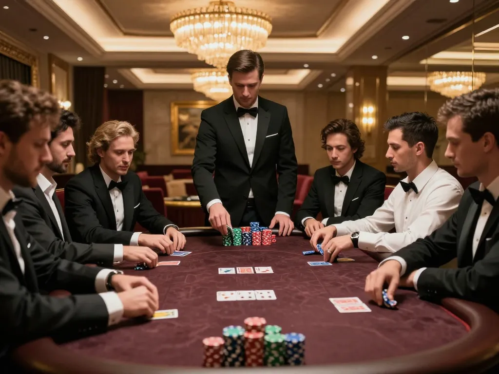 F8BET players strategizing in a luxurious poker game setting, capturing excitement.