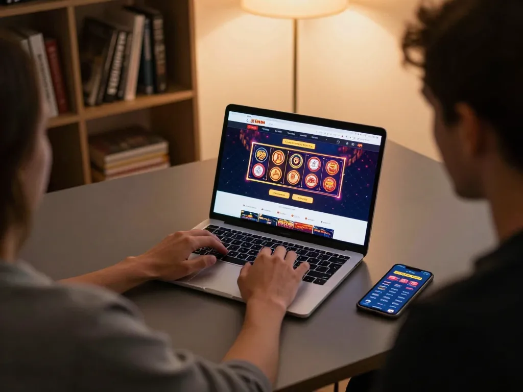 Player engaging in 33WIN online gaming from a cozy home office, laptop displaying vibrant casino graphics.