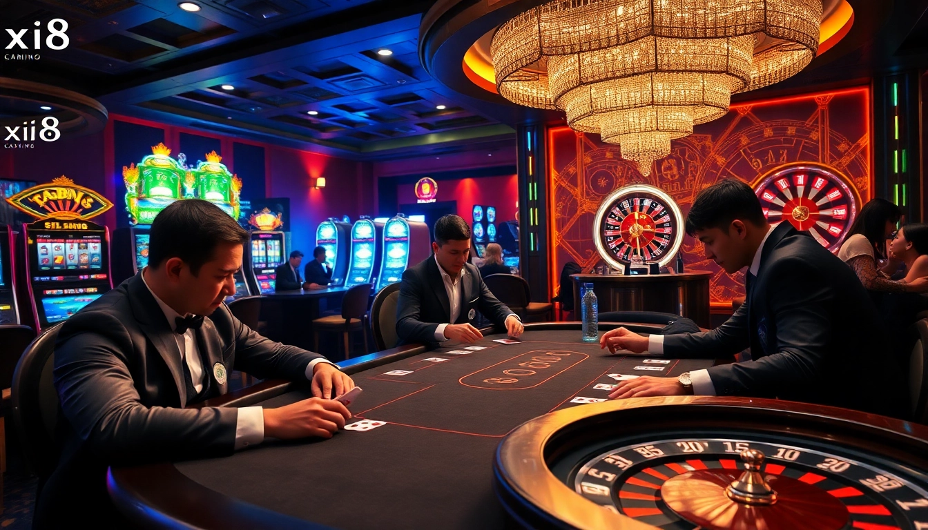 Xin88 players strategizing at a high-stakes poker table in a luxurious casino.