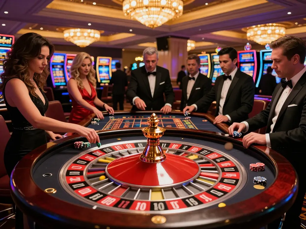 FLY88 players engaging with a thrilling roulette game in a luxurious casino setting.