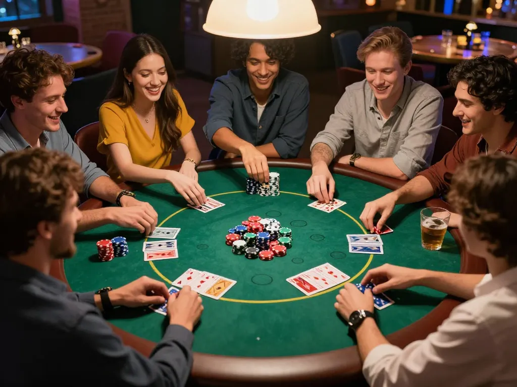 Playing tg88 game of poker with friends during a lively home game night.